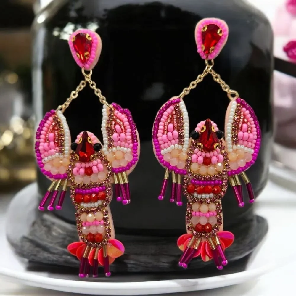 Beaded Lobster Earrings Sequin Bead Dangle Nautical Ocean Marine Jewelry Pierced